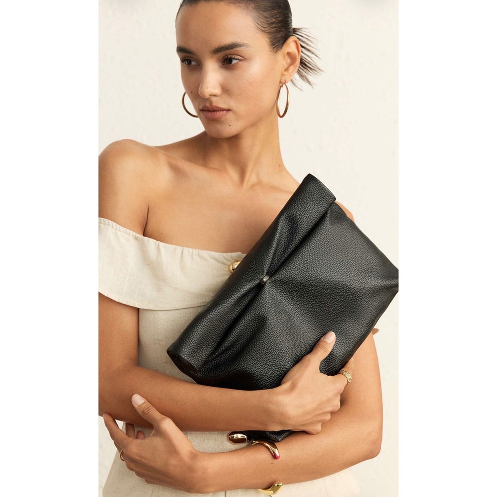 Micas Womens Faux Leather Clutch Bag Black Foldover Oversized Evening Pouch